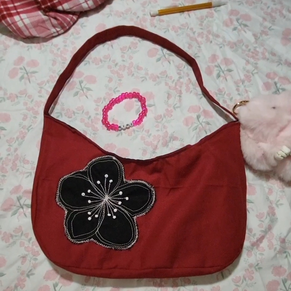 Myra Bag Red Shoulder Bag with Black Floral Applique